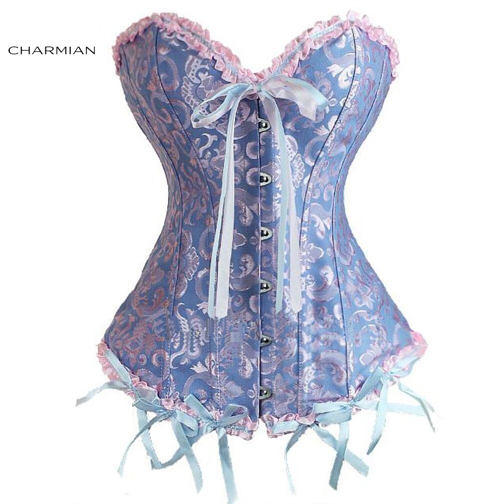 Women's Plus Size Overbust Corset Sweetheart Satin Lace Embroidered Bu ...