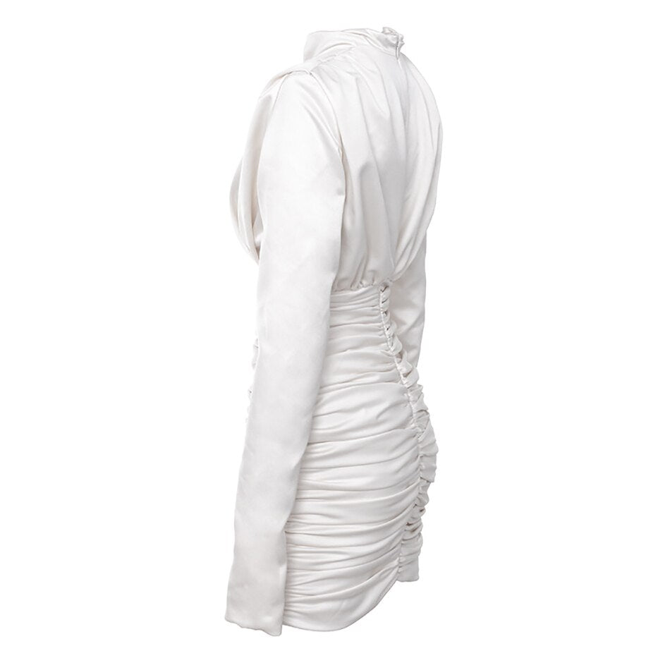 Fashion Satin Draped Mini Dress White Long Sleeve Ruched Boycon Party ...