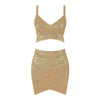 2 Piece Set Shinny Metallic Rose Gold Bandage Bodycon Dress Mini Short Party Night Club Dress Set