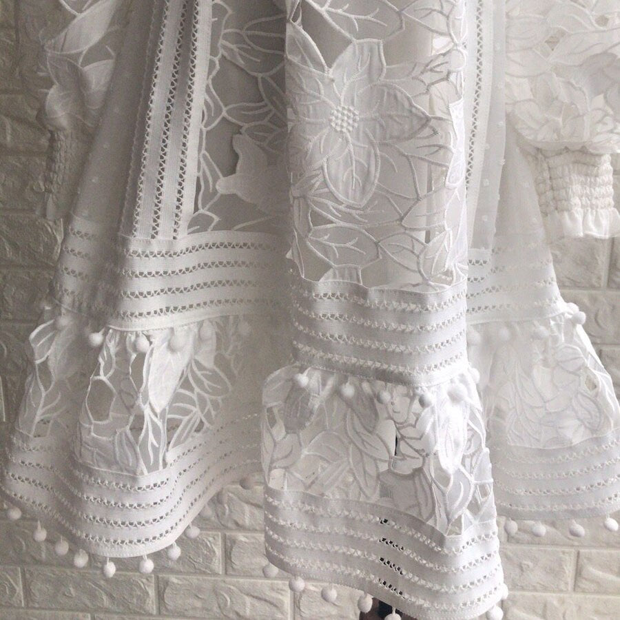 Women White Dress Full Sleeve Boho Lace Pattern Hollow Out Dress Vesti ...