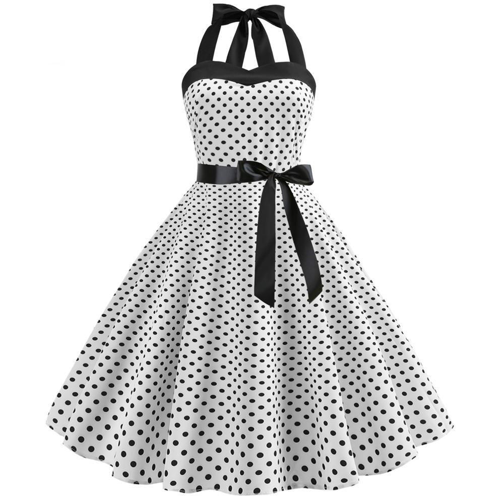 Retro White Polka Dot Dress Audrey Hepburn Vintage Halter Dress 50S 60 ...