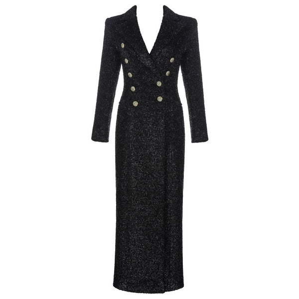 Shiny Metallic Gold Button Embellished Black Cardigan Dress Long Slee ...