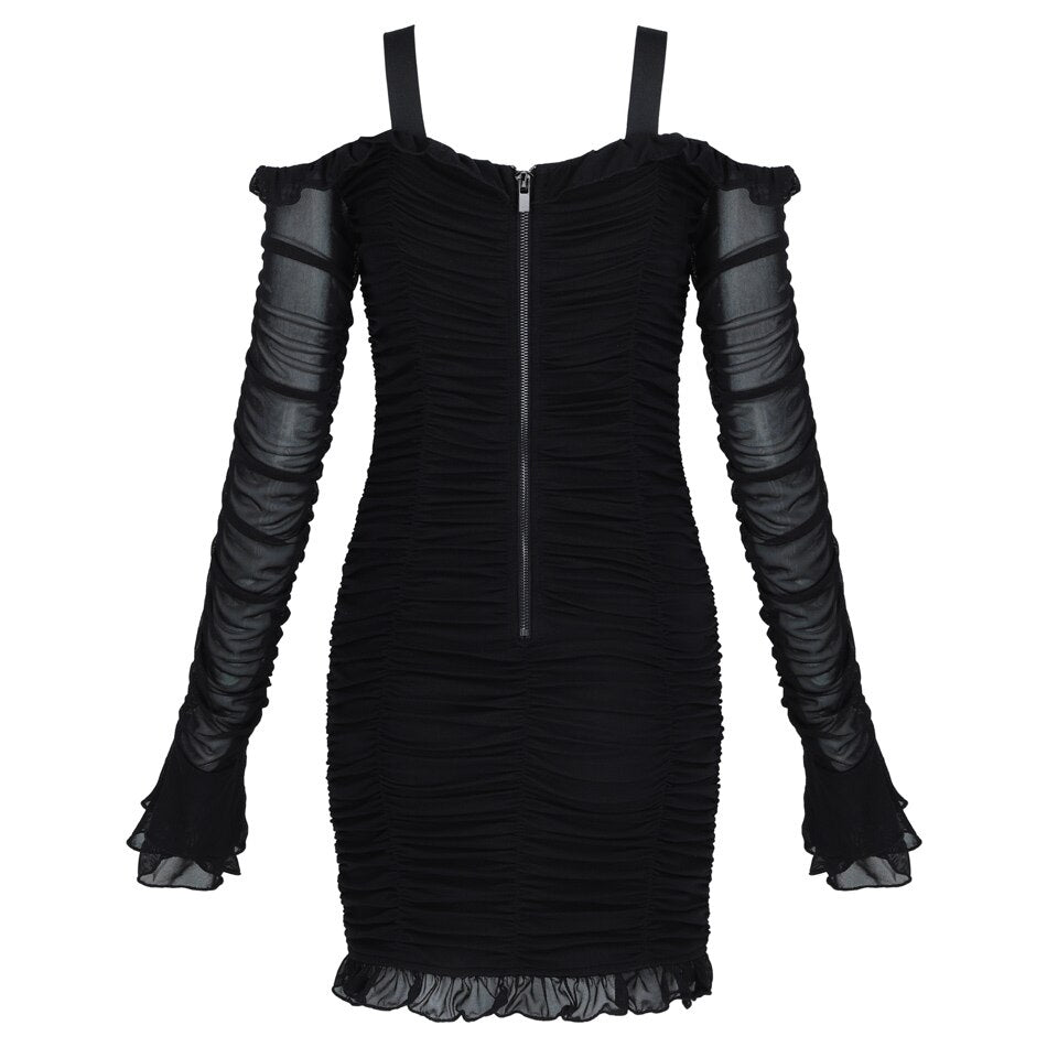 Soft Ruched Black Bandage Sexy Dress For Women Ruffle Spaghetti Strap ...
