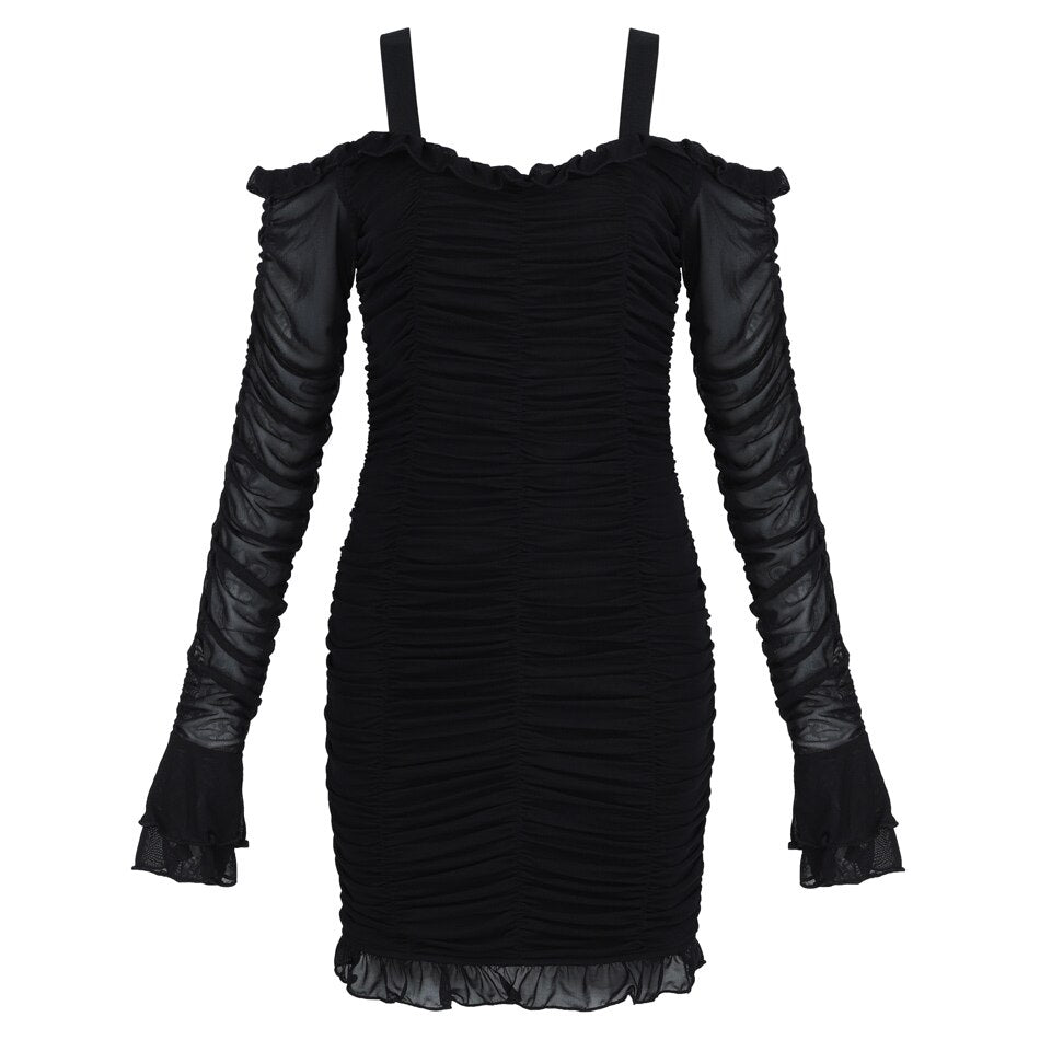 Soft Ruched Black Bandage Sexy Dress For Women Ruffle Spaghetti Strap ...