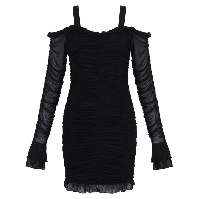 Soft Ruched Black Bandage Sexy Dress For Women Ruffle Spaghetti Strap ...