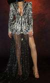 Sparkly Rhinestone Suit with Mesh Trailing Dress Women Deep V Crystal Coat Wedding Party Birthday Club Prom Costume Stage Outfit