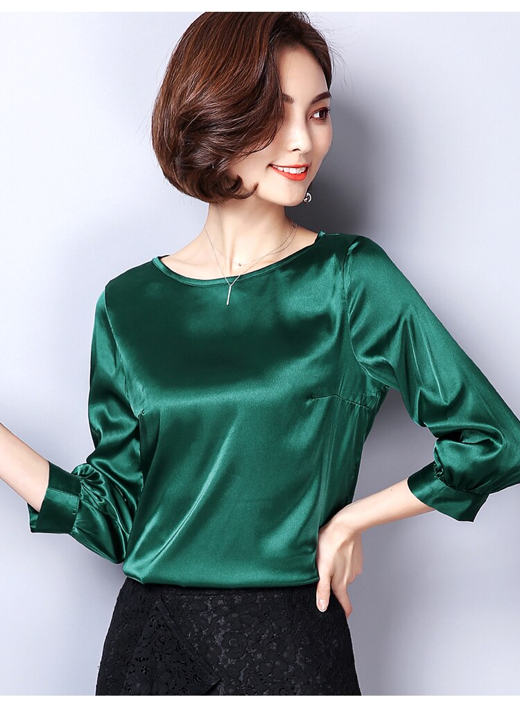 Women Blouses Casual Ol Silk Blouse Loose Basic Satin Shirt Work Wear ...