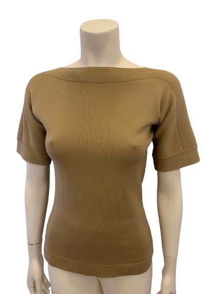 Camel wool boat neck short sleeve pullover sweater with banded bottom 