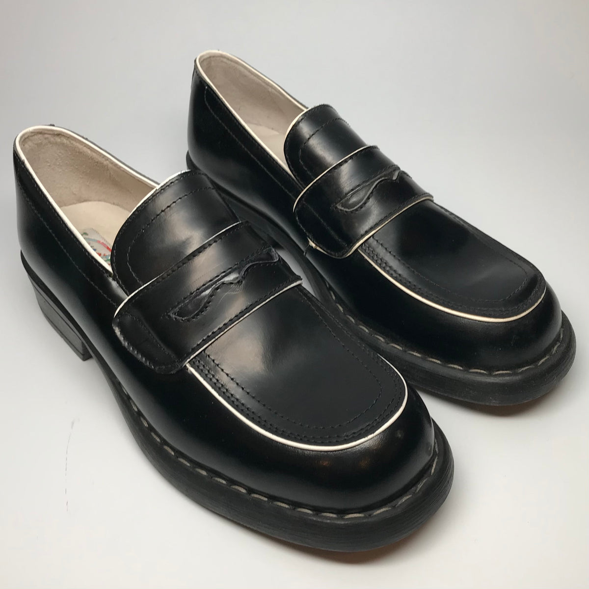 1990s Venettini Black Leather Penny Loafers w/ White Piping – Screaming ...