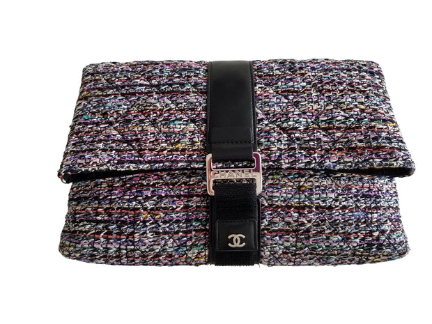 Chanel Multicolor Woven Tweed O-Case Pochette Clutch Zip Pouch