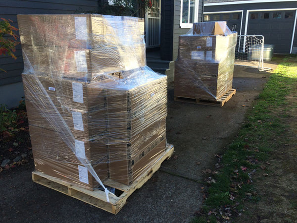 Pallets of Whisk(e)y Tasting Sets Ready for Pickup ... in my home's driveway!