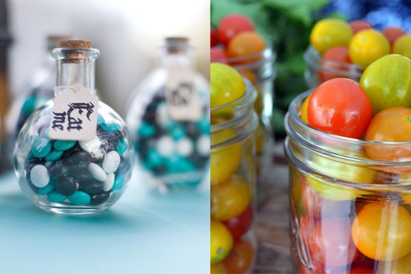 Two examples of colourful filled jars for a vintage wedding centrepiece
