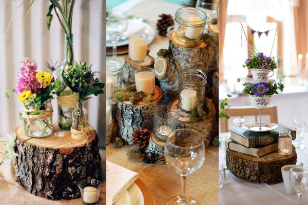 Ideas for tree slice centrepieces at a rustic or boho wedding reception