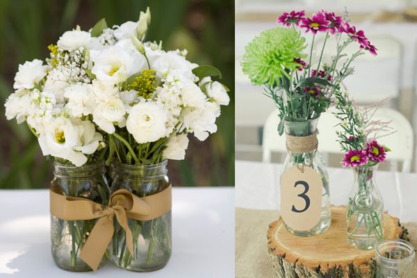 2 ideas for jar centrepieces at a vintage or rustic wedding