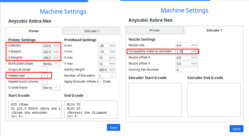 Machine settings in Cura