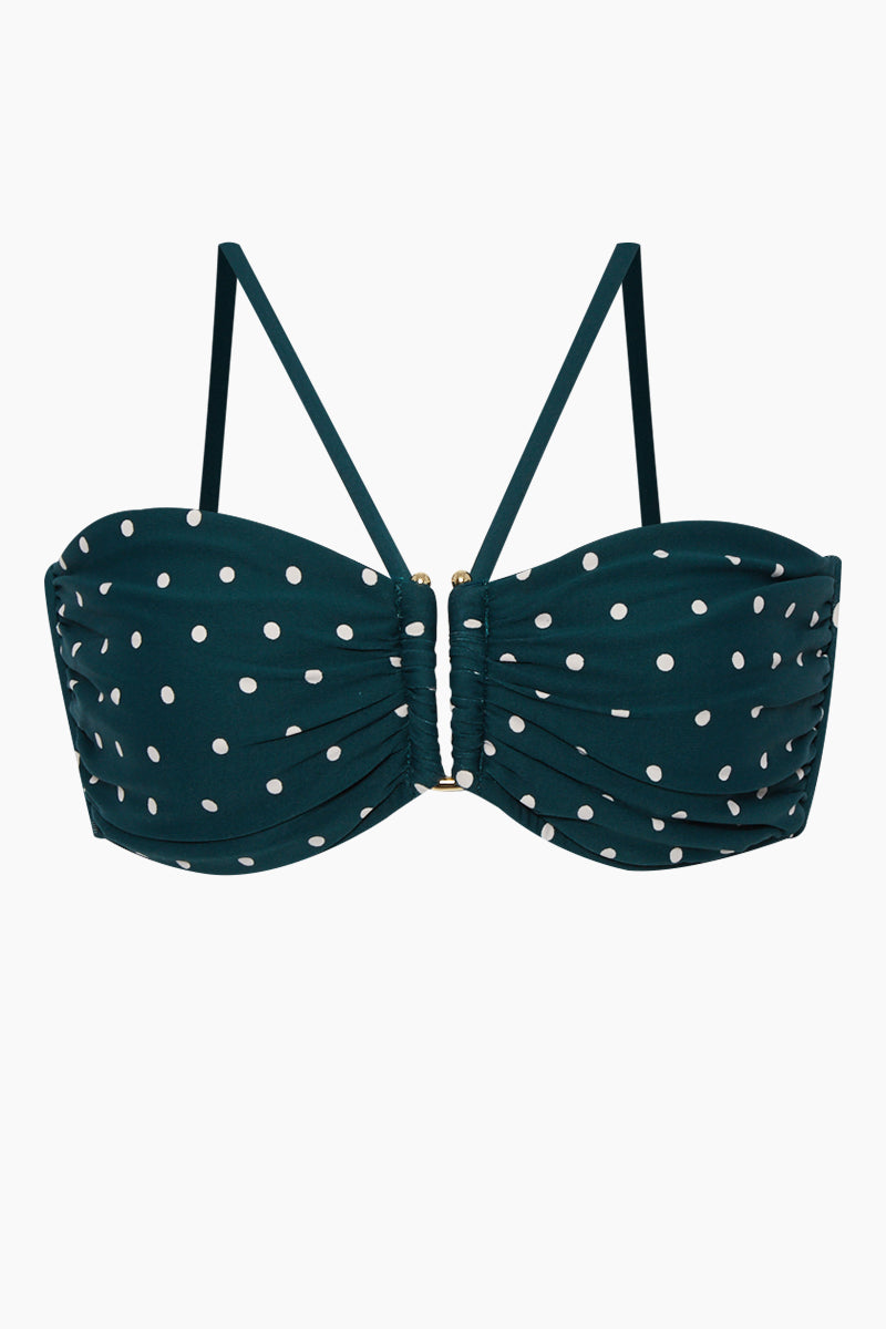 Image of Aralia Bandeau Bikini Top - Emerald Green/Rose Polka Dot Print