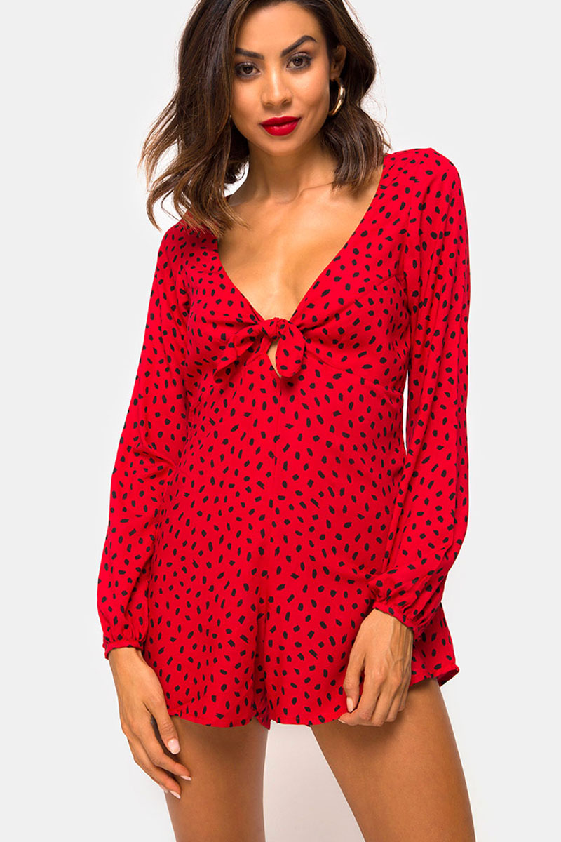 Image of Romalo Longsleeve Front Tie Romper - Diana Red & Black Mini Dot Print