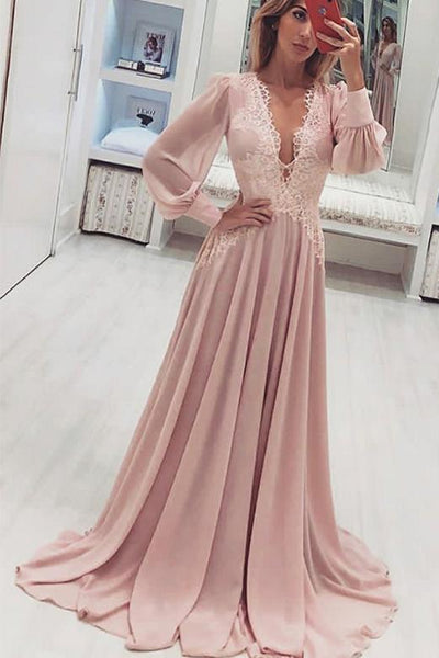 long sleeve pink prom dress