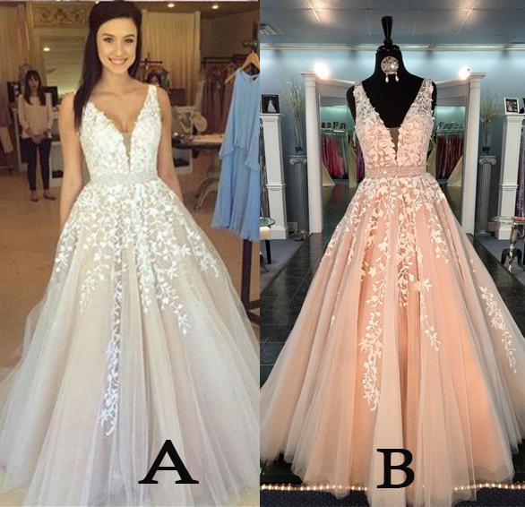 A-line V Neck Long Sexy Prom Dress,Lace Appliques Long Wedding Dresses N01