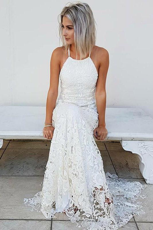 Simple Halter Mermaid Lace Appliques Wedding Dress