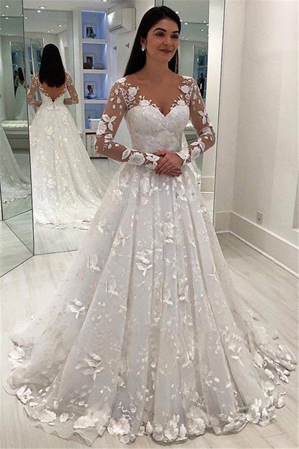 Long Sleeve Lace Aline Wedding Dress - Ivory Satin Lace A line Floor ...