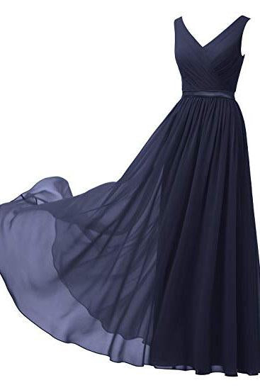 A Line V Neck Chiffon Navy Blue Long Sleeveless Ruffles Floor