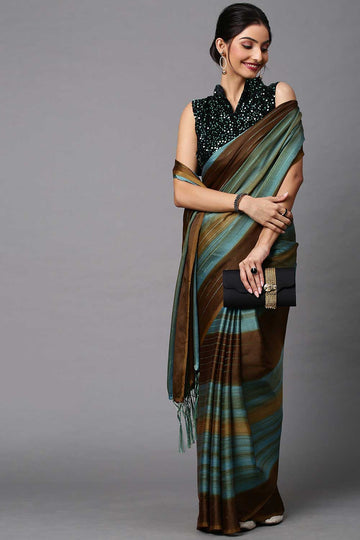 Buy Poly Georgette Striped Saree in Teal blue Online