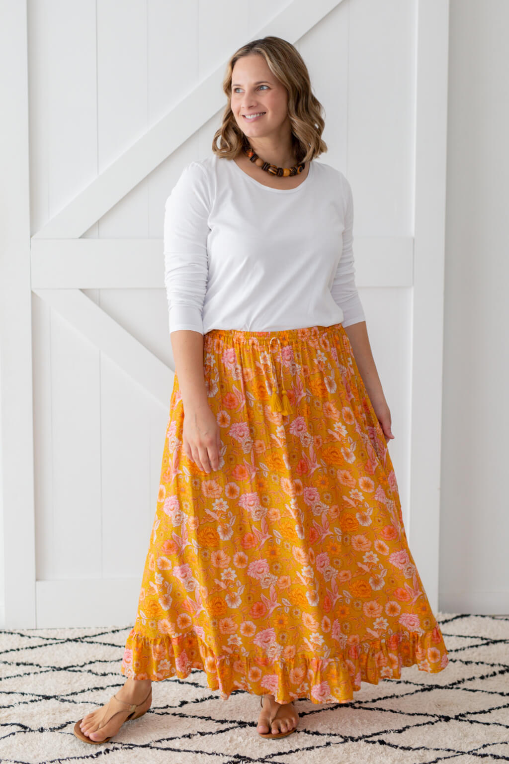 mustard floral maxi skirt