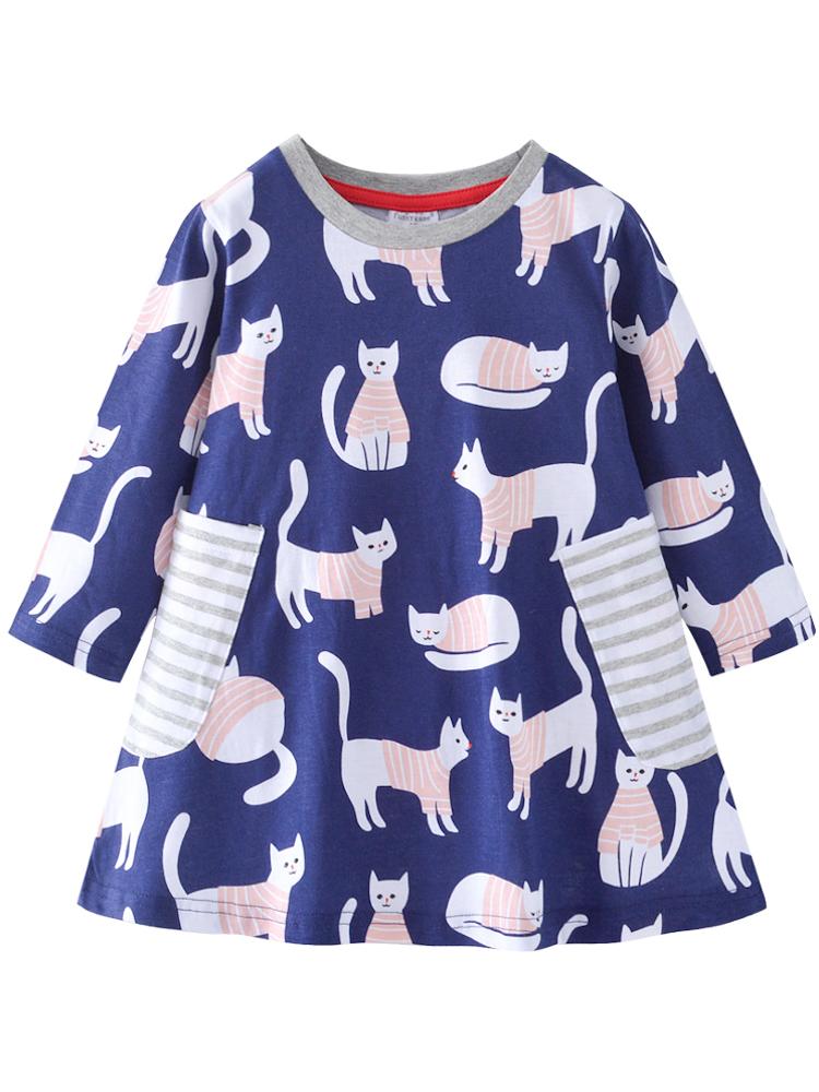 Girls Dress with Cat Design Counting Cats Girls Long Sleeve Dress 