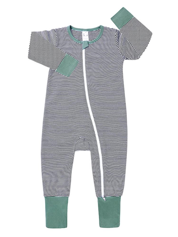 Green Striped Baby Zip Sleepsuit with Feet Cuffs | Style My Kid