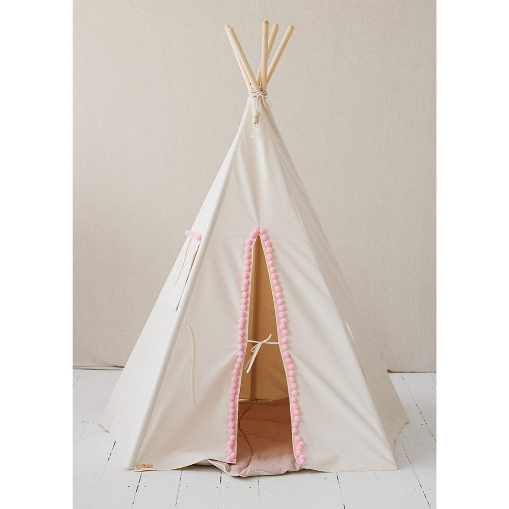 Fluffy Pompoms Teepee With Pompoms And Mat Set - Beige 