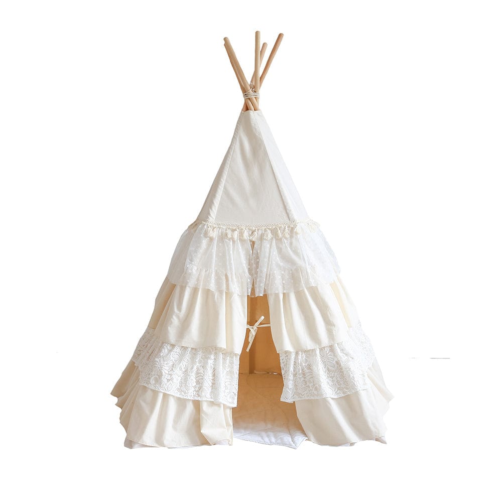 Shabby Chic Teepee With Frills And Linen Leaf Mat White - Beige & White | Style My Kid