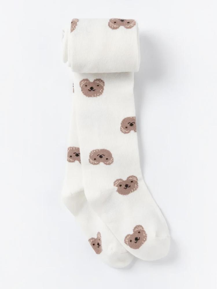 Girls Cream Patterned Tights with Bear Faces | Style My Kid