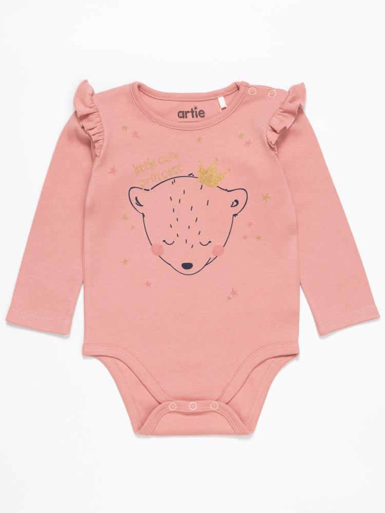 Girls Interlock Bodysuit with Bear Print Design and Ruffles 