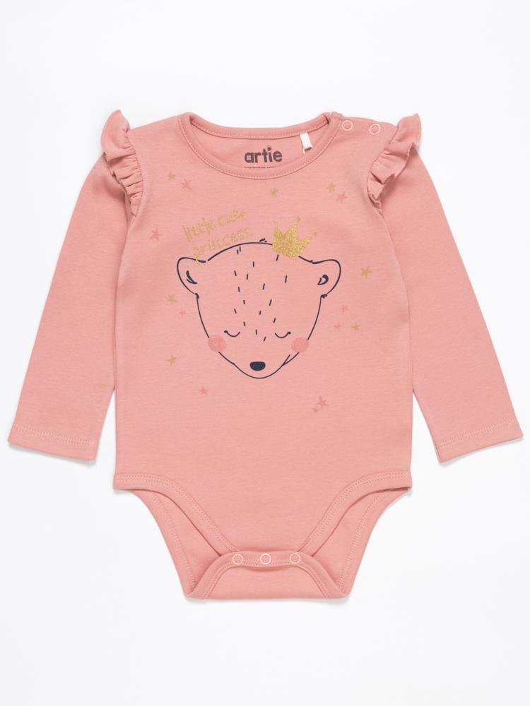 Girls Pink Interlock Bodysuit with Bear Print Design and Ruffles | Style My Kid
