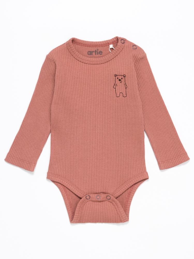 Artie - Girls Ribbed Pink Bodysuit With Bear Embroidery | Style My Kid