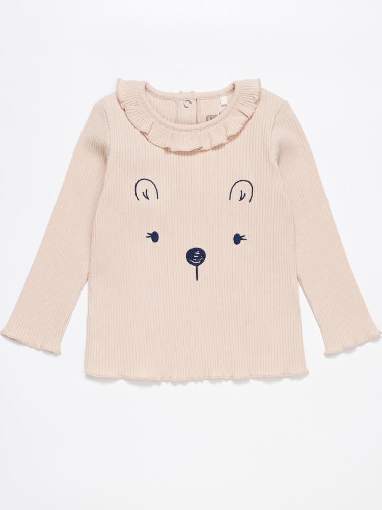 Girls Top with Bear Design Girls Ribbed Top with Bear Face 