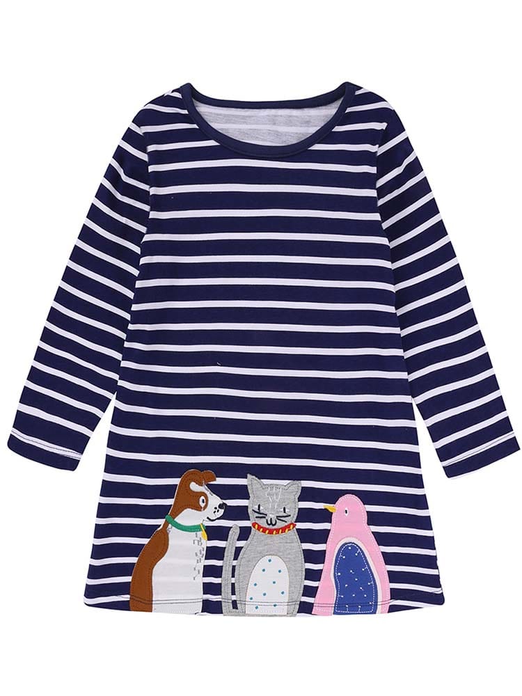 Striped Long Sleeve Girls and Whilte Animal Friends Dress 