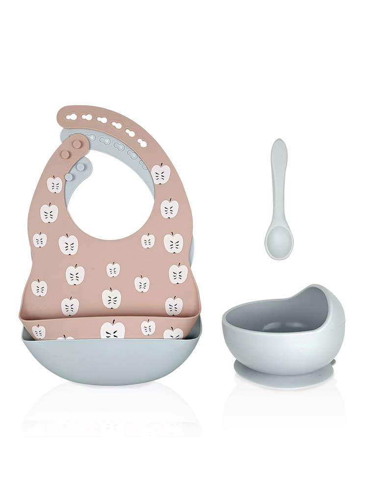 SILICONE BIBS BOWL AND SPOON BABY FEEDING SET - Apples Print and 