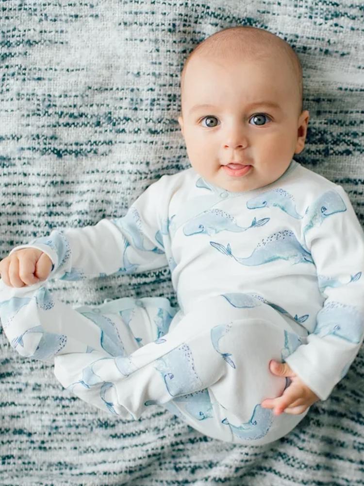 Whale Patterned White Baby Sleepsuit with Poppers