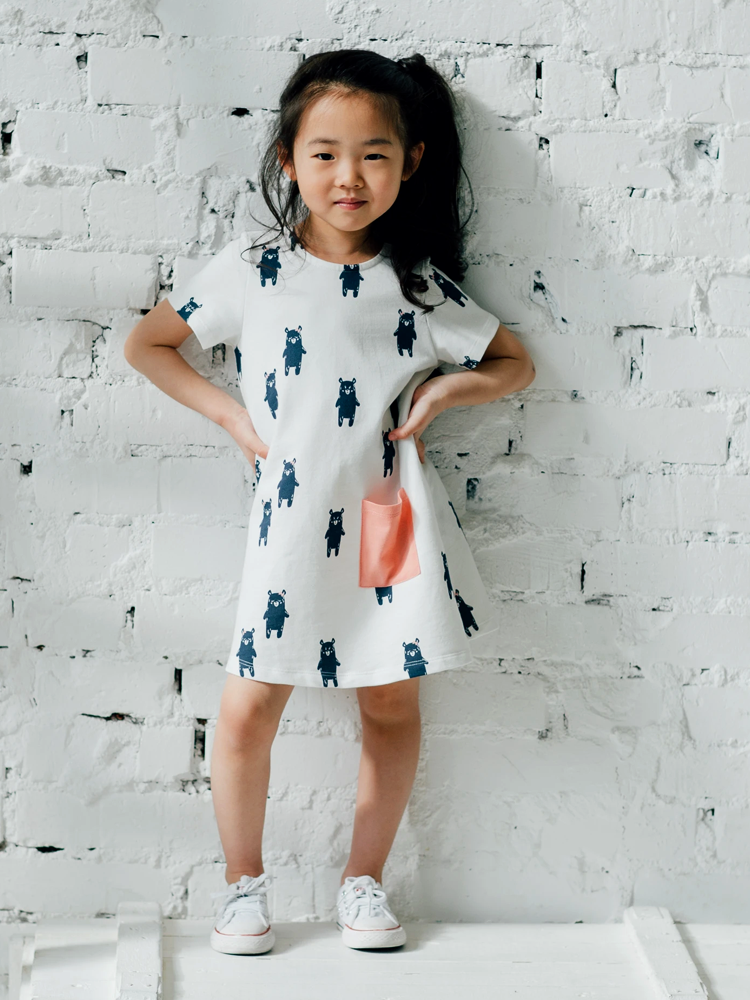 Girls White French Terry Tunic with Playful Bear Navy Pattern