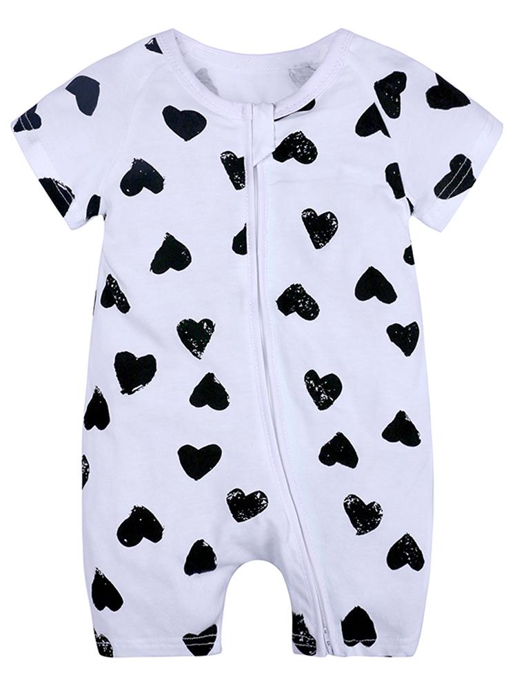 Happy Hearts - White and Black Baby Zip Sleepsuit Romper - SHORT SLEEVED | Style My Kid