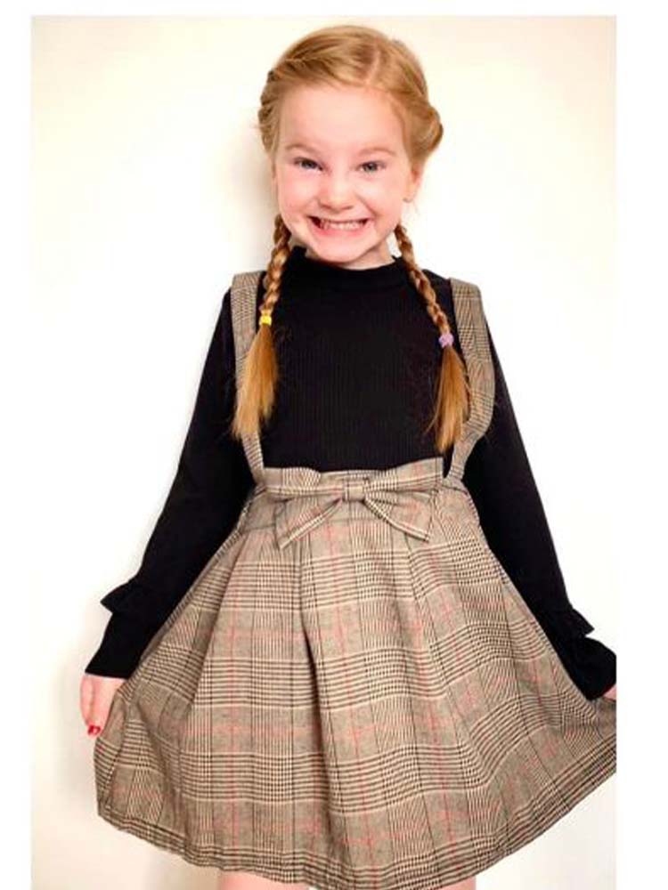 Girls Classic Plaid Color-Block Dress with Bow and Braces and Top 