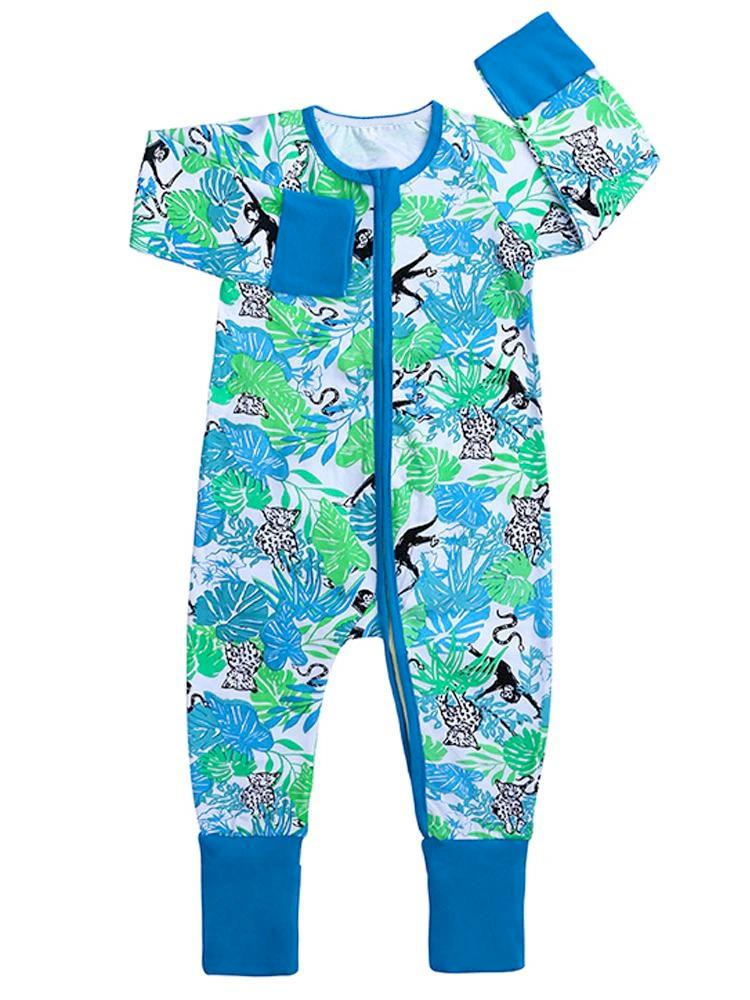 Blue Zippy Baby Sleepsuit with Hand and Feet Cuffs Blue Monkey and Friends