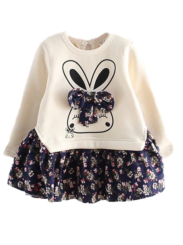 Bunny Bow Long Sleeve Top and Flared Flower Skirt Cream & Dark BLUE Girls Outfit | Style My Kid