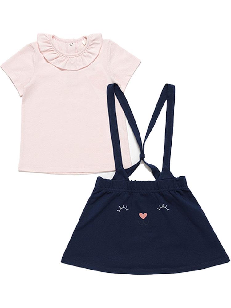 Girls Pink Top and Dark Blue Bunny Skirt Outfit