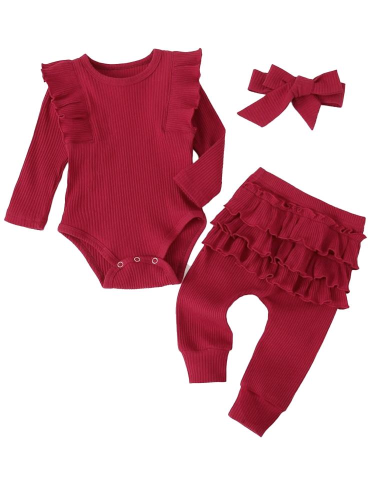 Burgundy Baby Girl 3 Piece Ruffle Romper Headband and Pants Outfit | Style My Kid