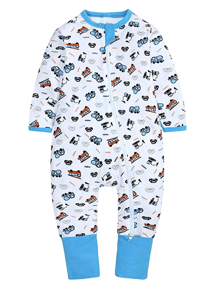 Busy Vehicles Blue and White Baby Zip Sleepsuit with Hand & Feet Cuffs NEW DESIGN | Style My Kid