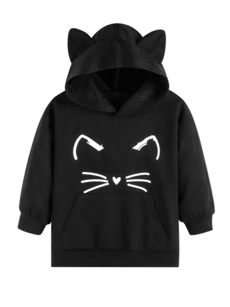 Girls Cat Face Hoodie with 3D Ears - Black and White | Style My Kid