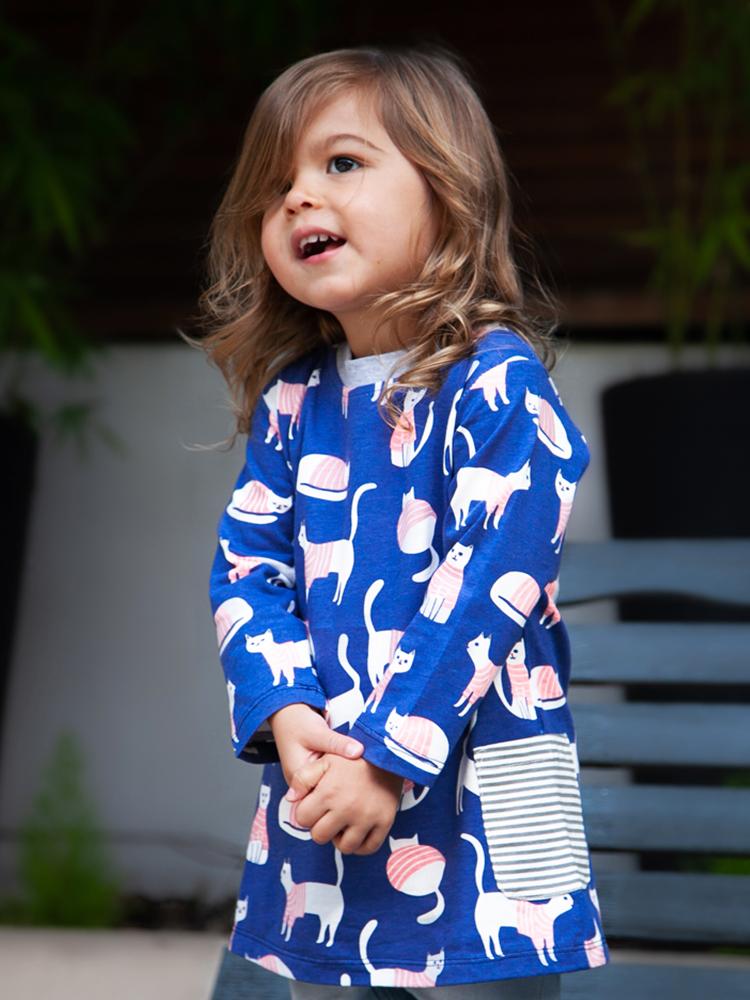 Girls Blue Dress with Cat Design